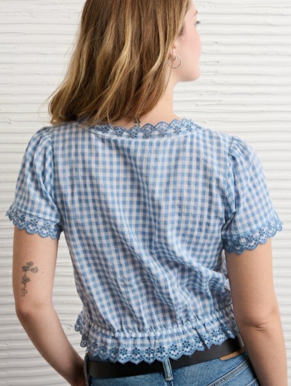 American Eagle Short Sleeve Button Up Gingham Top - Picture 2 of 8
